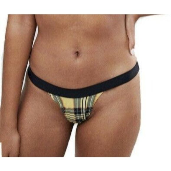 Women Small TWIIN Yellow Checkered High Cut Contrast Band Bikini Bottom - Picture 4 of 5